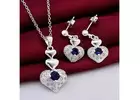 Luxury pure 925 Sterling silver blue zircon crystal heart pendant necklace Earrings jewelry set